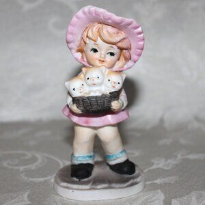 Vintage Bisque Figurine Girl With Kittens